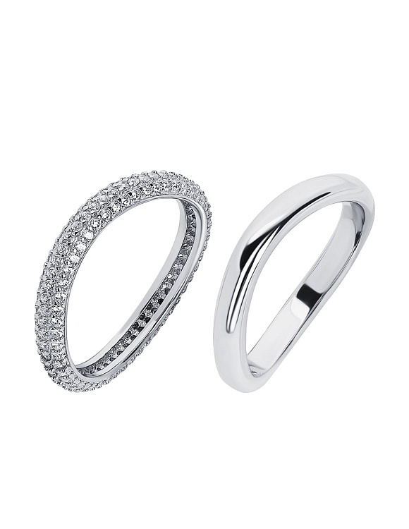 Серебряный сет из двух колец волна гладкое и с фианитами Miestilo  2