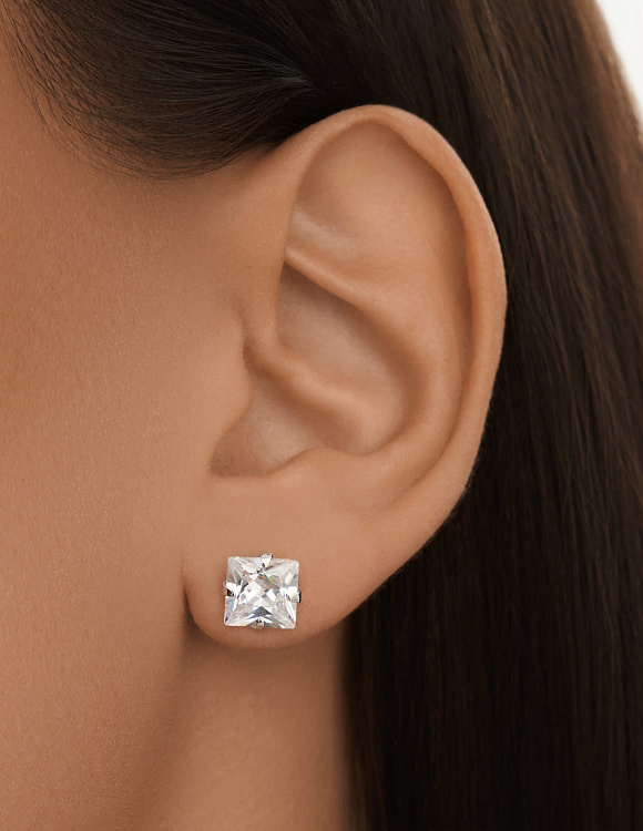 Серьги пусеты 8*8  Белыми фианитами Miestilo