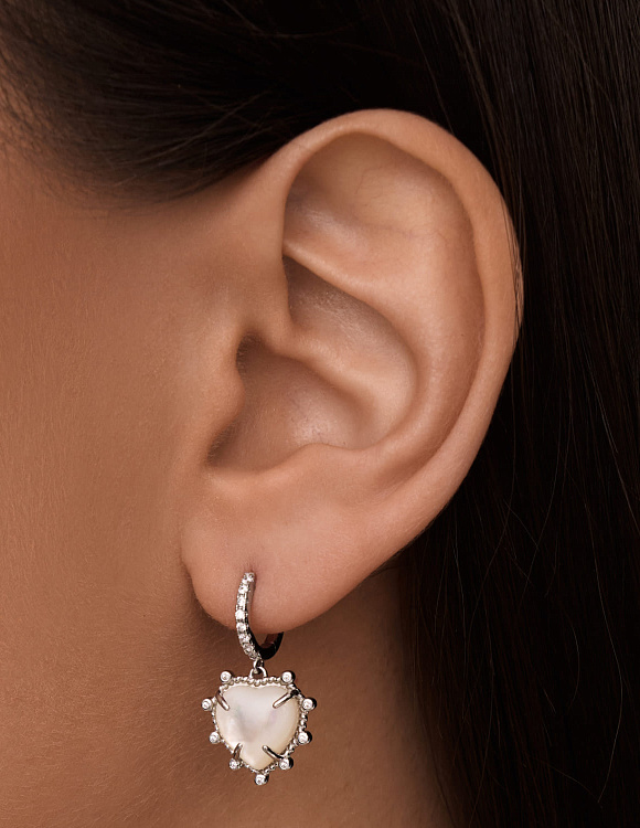 Серебряные серьги сердце с натуральным перламутром и фианитами d серьги 11,5мм подвеска 13,8мм Miestilo