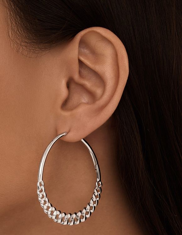 Серебряные крупные серьги кольца с декоративной цепью MIESTILO  Miestilo