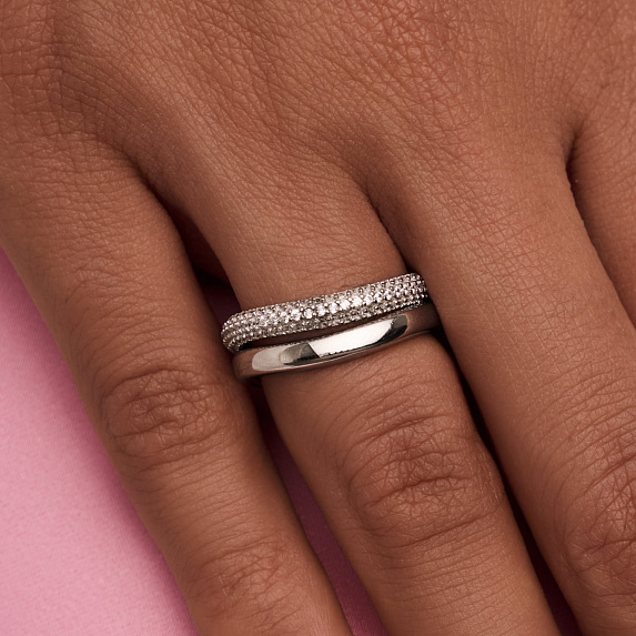 Серебряный сет из двух колец волна гладкое и с фианитами Miestilo