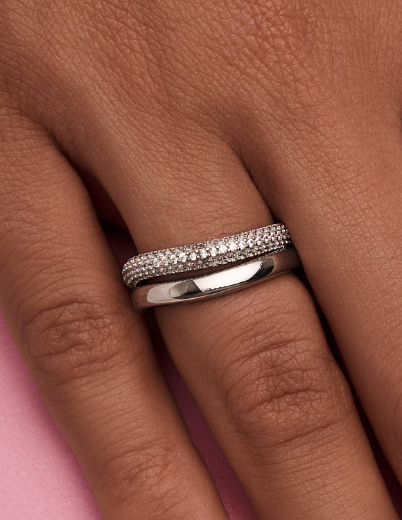 Серебряный сет из двух колец волна гладкое и с фианитами Miestilo