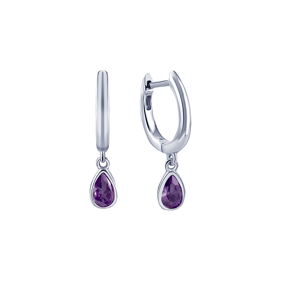 Серебряные серьги-подвесы с фиолетовыми фианитами в форме капли Miestilo