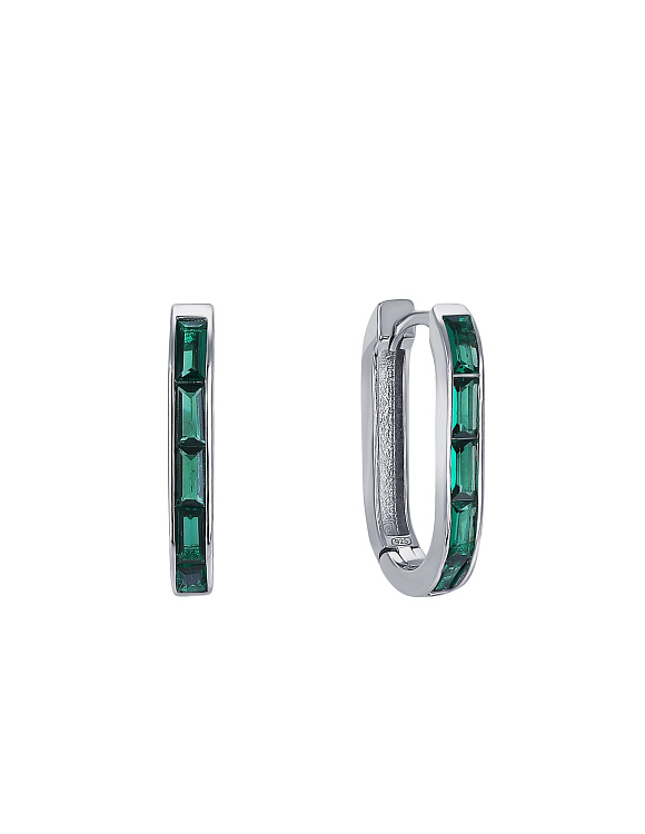 Серебряные серьги-кольца с зелеными фианитами в огранке багет Miestilo  2