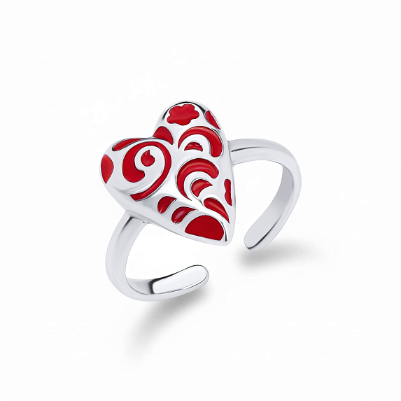 Серебряное кольцо в виде сердечка с красным узором РУССКИЙ КОД Miestilo