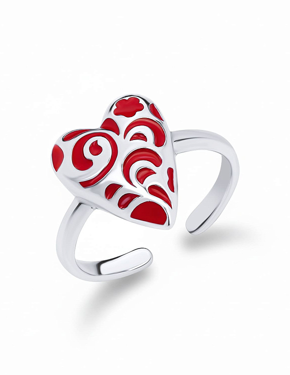 Серебряное кольцо в виде сердечка с красным узором РУССКИЙ КОД Miestilo  2