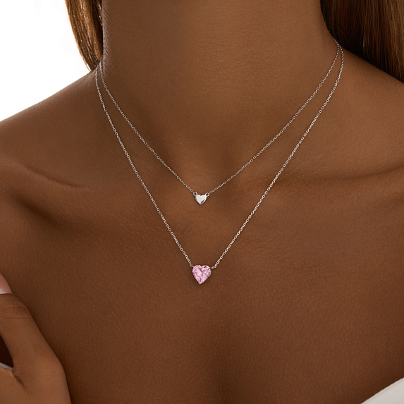 Серебряное колье сердце с розовым фианитом Miestilo