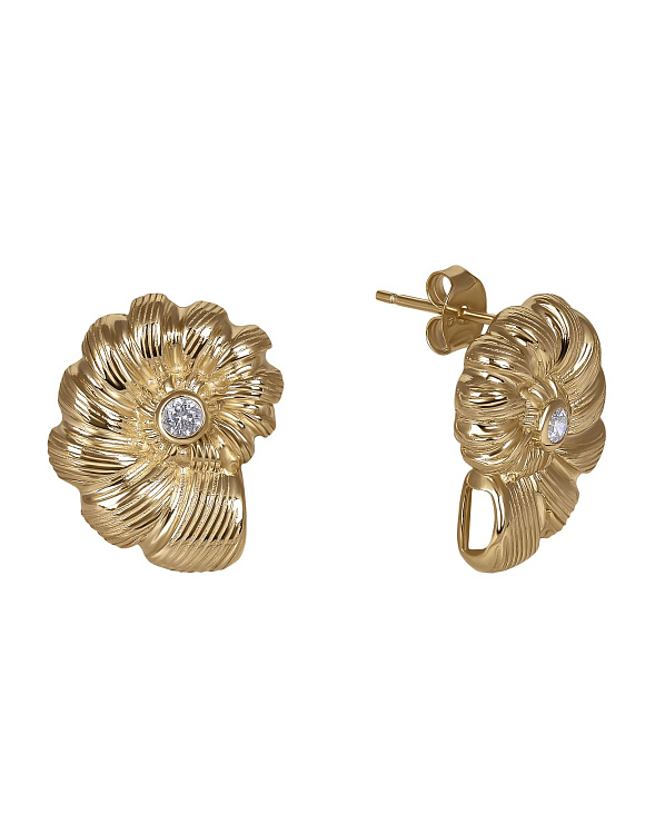 Позолоченные серьги-пусеты в виде ракушек с фианитами Miestilo