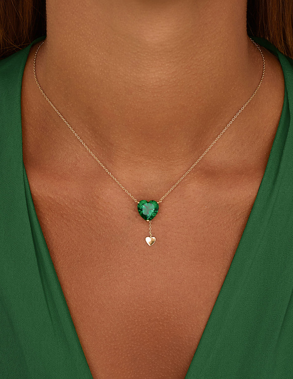 Позолоченное колье "Сердце" с зелёным фианитом Miestilo