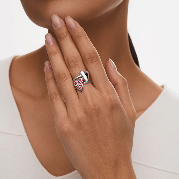 Серебряное кольцо в виде сердечка с красным узором РУССКИЙ КОД Miestilo