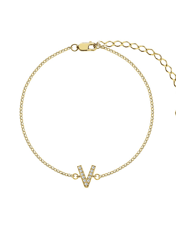 Браслет серебро 925 серебряный с буквой V ювелирный в позолоте Miestilo
