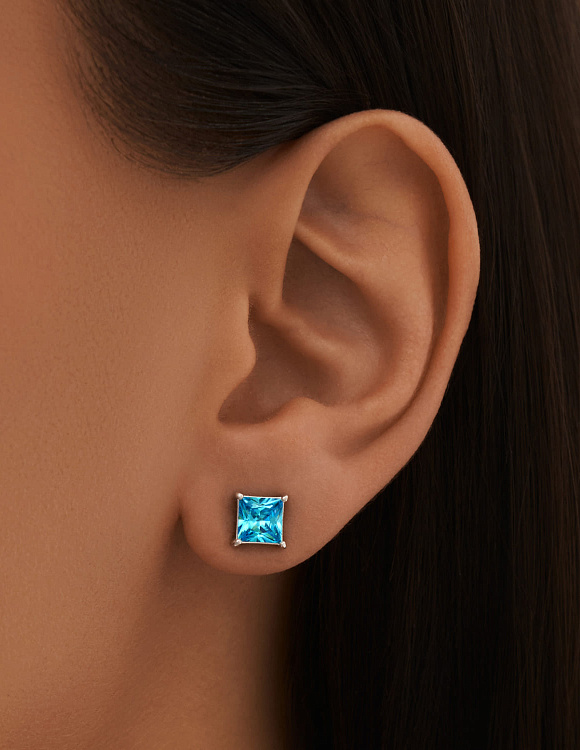 Серебряные пусеты с голубыми фианитами  Miestilo