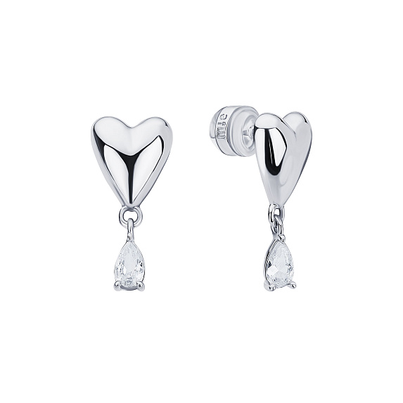 Серебряные серьги сердце с подвеской из фианита Miestilo